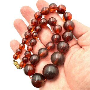 Vintage Art Deco Bakelite Faturan Marbled Cherry Amber Bead Necklace 58 Grams